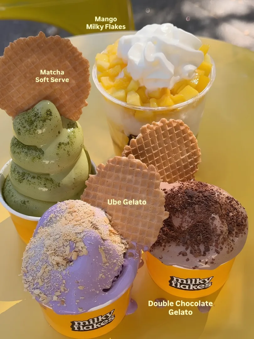 Matcha soft serve, mango milky flakes, and ube and double chocolate scoops with waffle cookies.